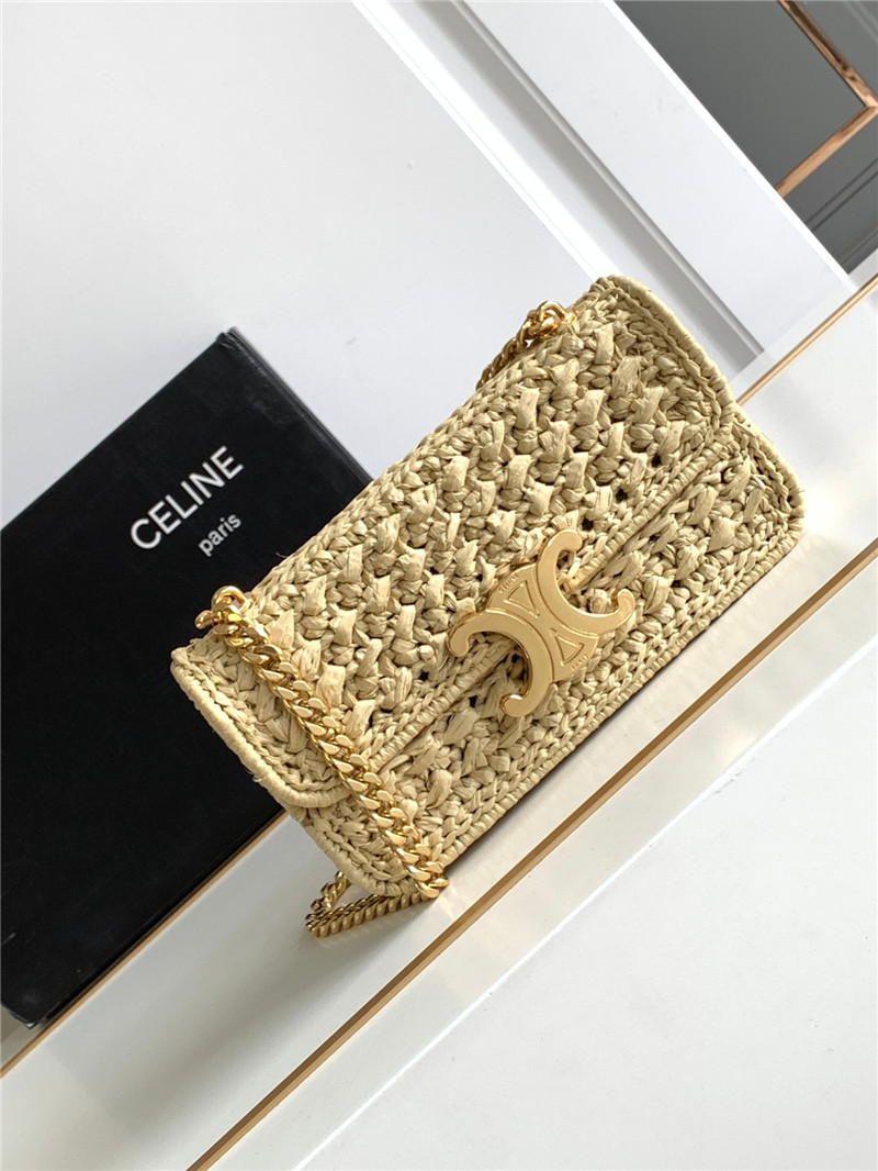 Celin Raffia Effect Claude Chain Shoulder Bag Natural