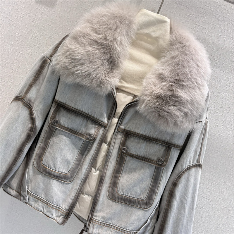 Vanitoo fox fur collar denim jacket