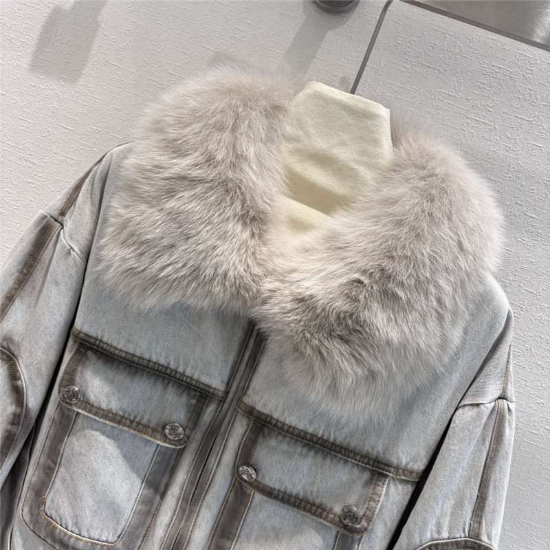 Vanitoo fox fur collar denim jacket