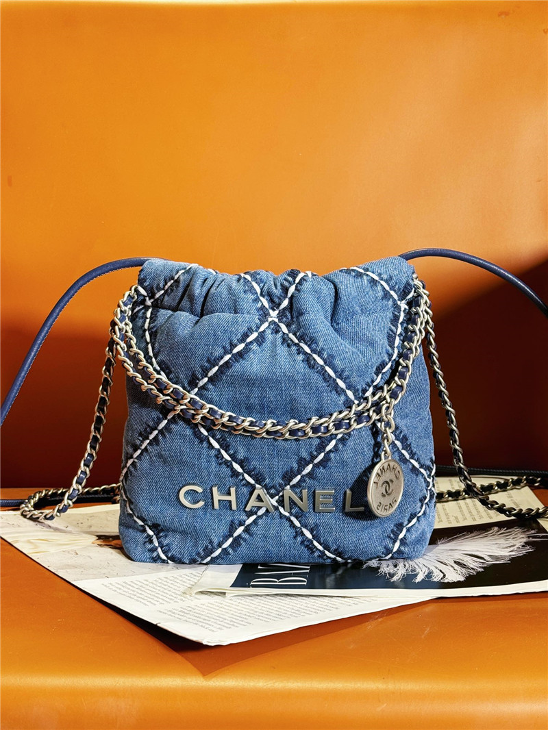 Ch**el blue stitched denim mini 22 bag