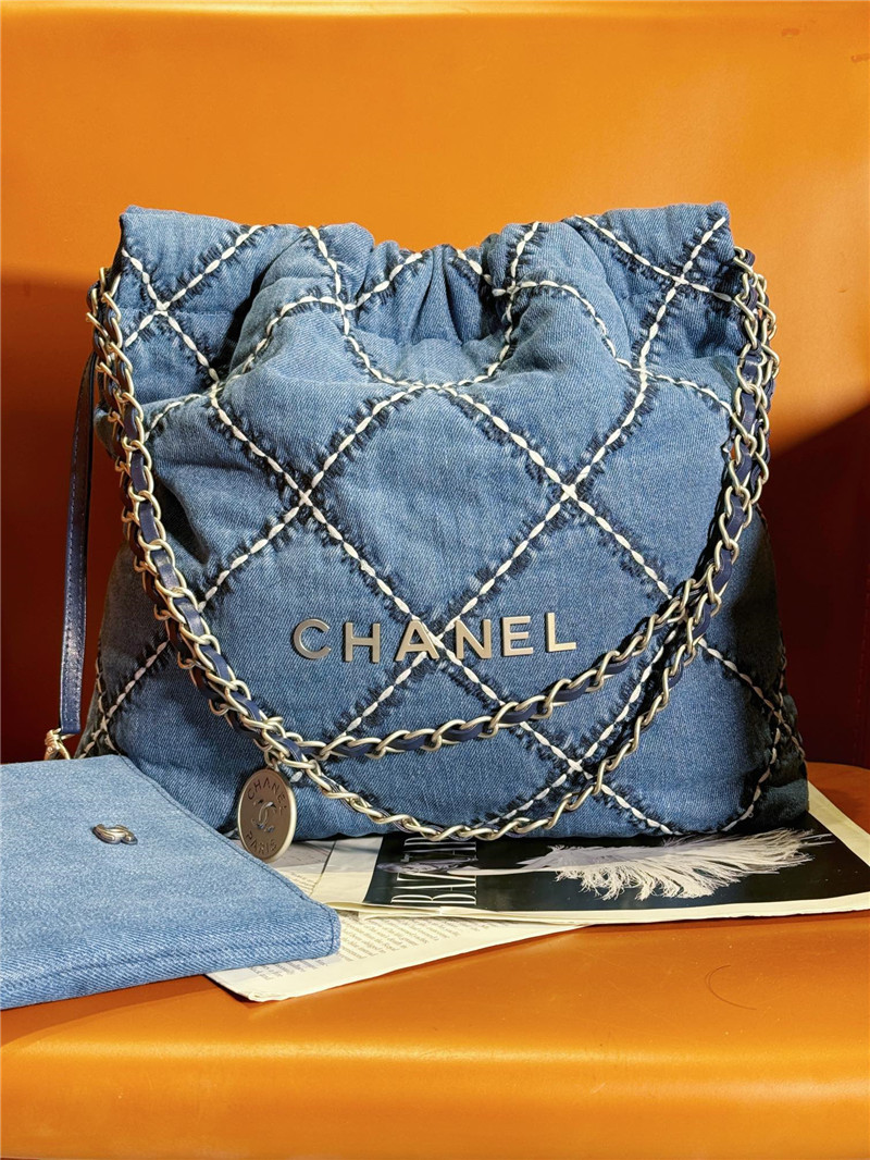 Ch**el blue stitched denim 22 bag