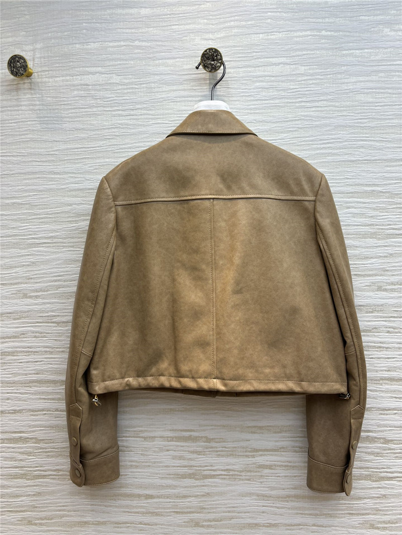 M1um1u flap lapel double pocket short leather jacket