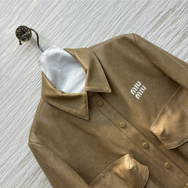 M1um1u flap lapel double pocket short leather jacket