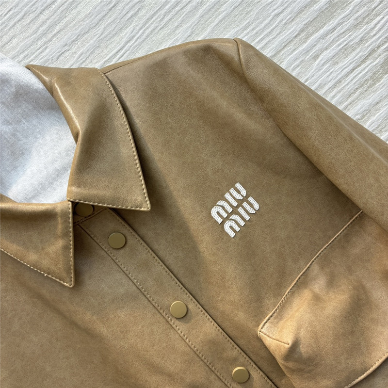 M1um1u flap lapel double pocket short leather jacket
