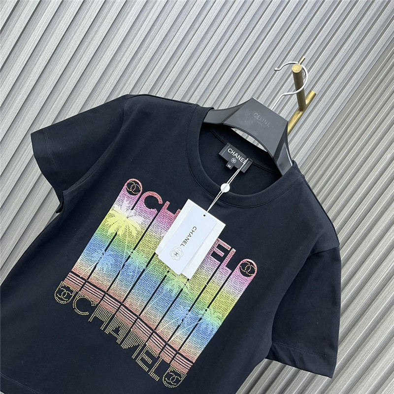 Ch**el round neck rhinestone embroidered t-shirt
