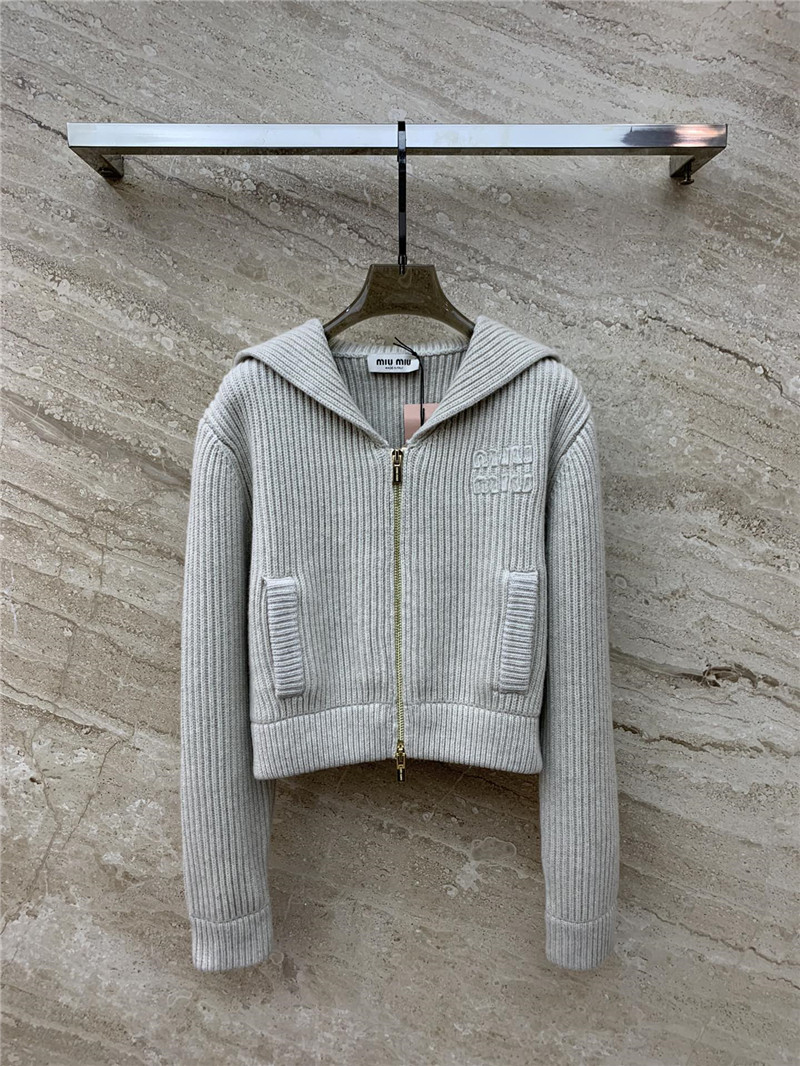 M1um1u navy collar embroidered logo knitted zipper jacket