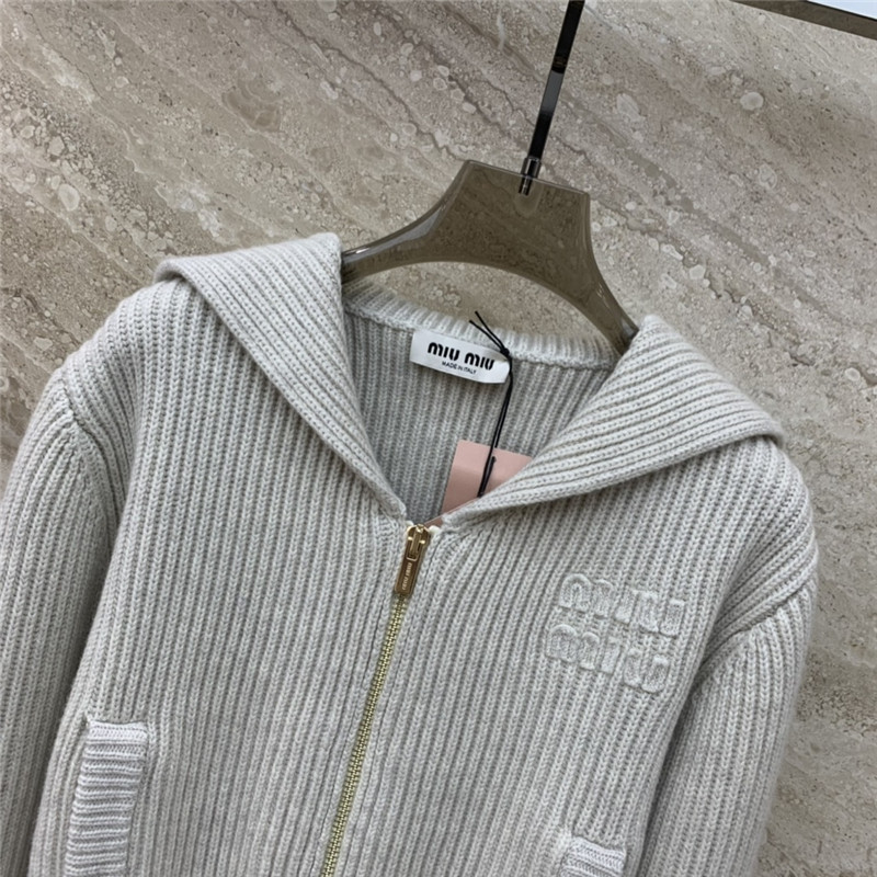 M1um1u navy collar embroidered logo knitted zipper jacket