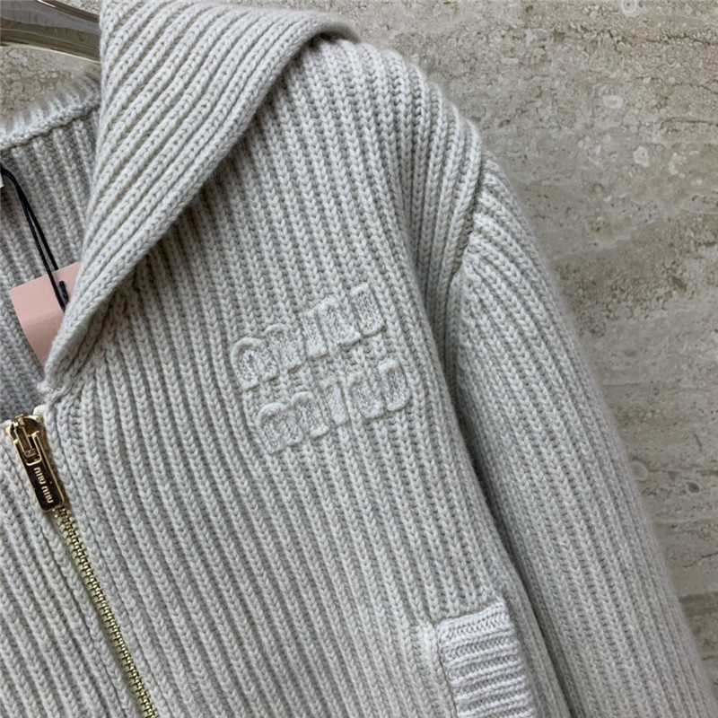 M1um1u navy collar embroidered logo knitted zipper jacket