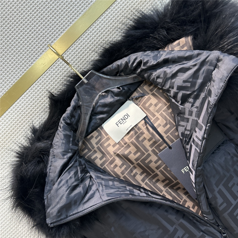 F**di ff jacquard fox fur collar hooded short down jacket