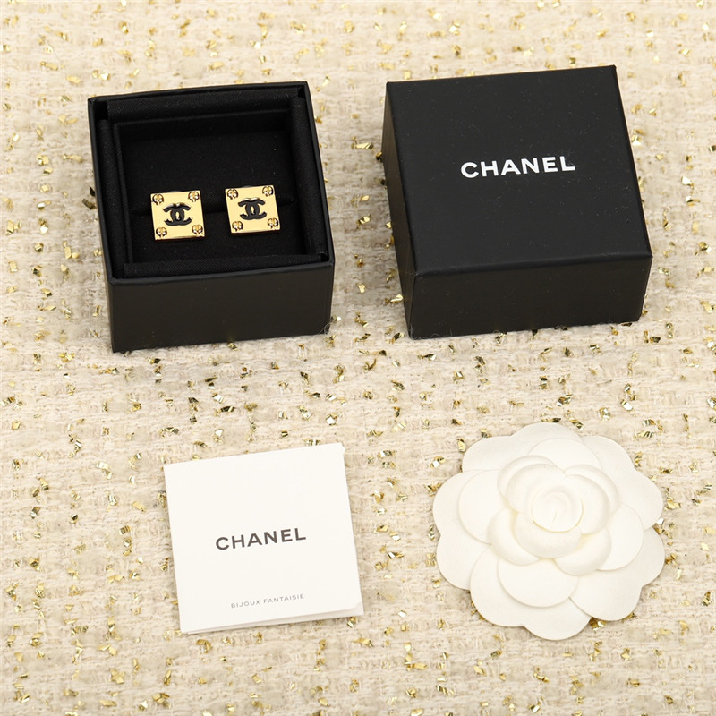 Ch**el square gold black double c stud earrings
