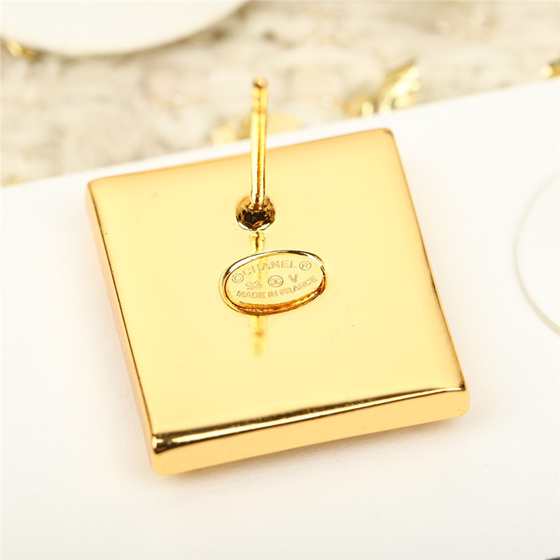 Ch**el square gold black double c stud earrings