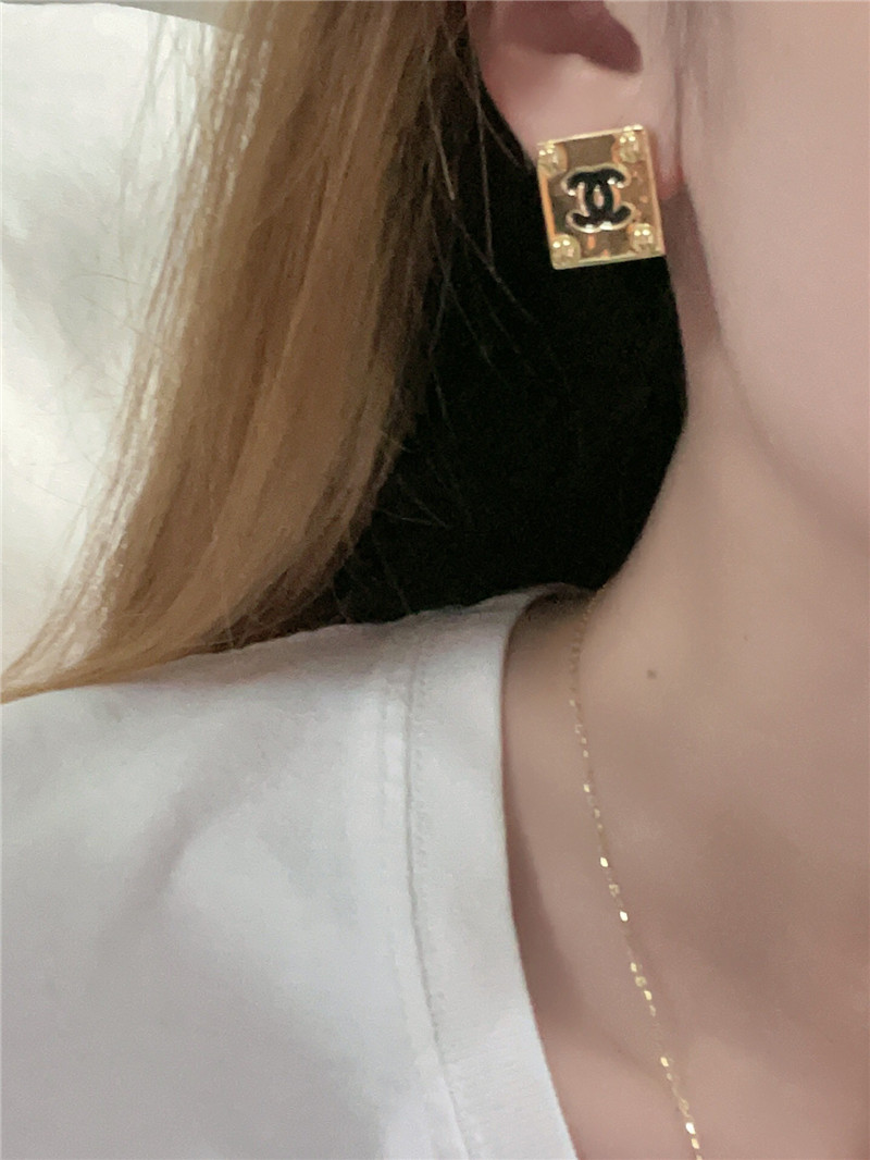 Ch**el square gold black double c stud earrings