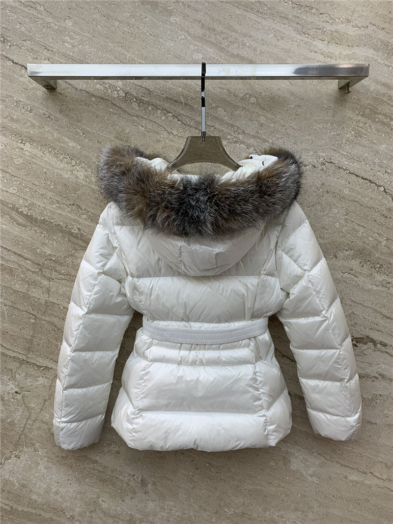 Moncler hooded belted fur collar waisted down jacket