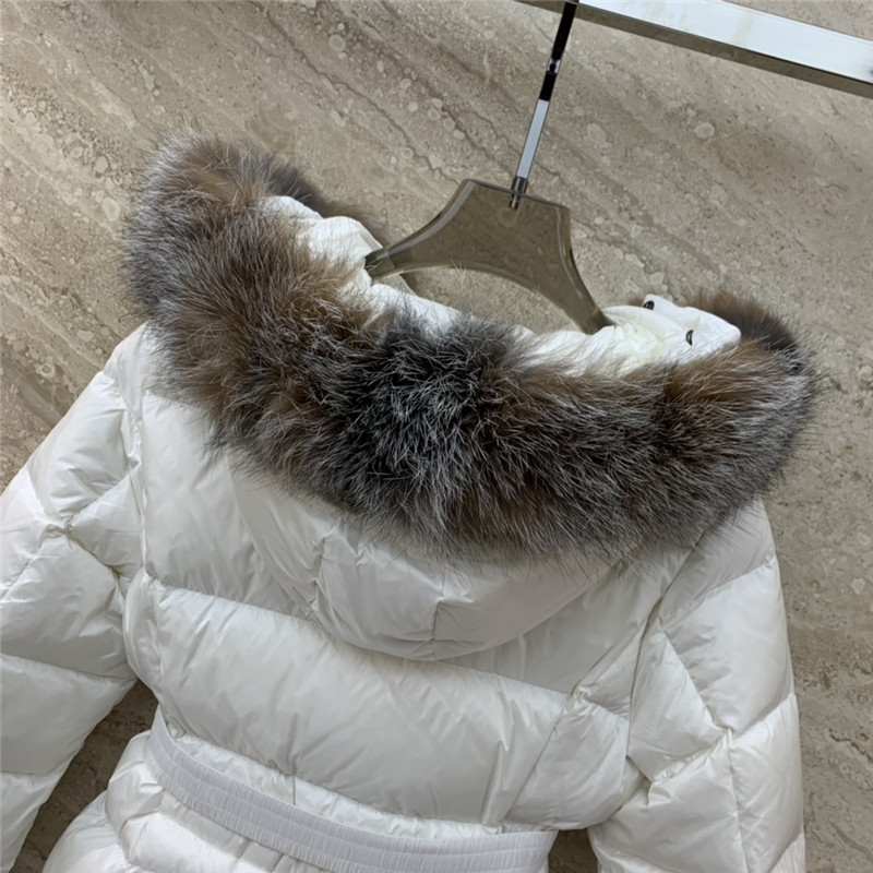 Moncler hooded belted fur collar waisted down jacket