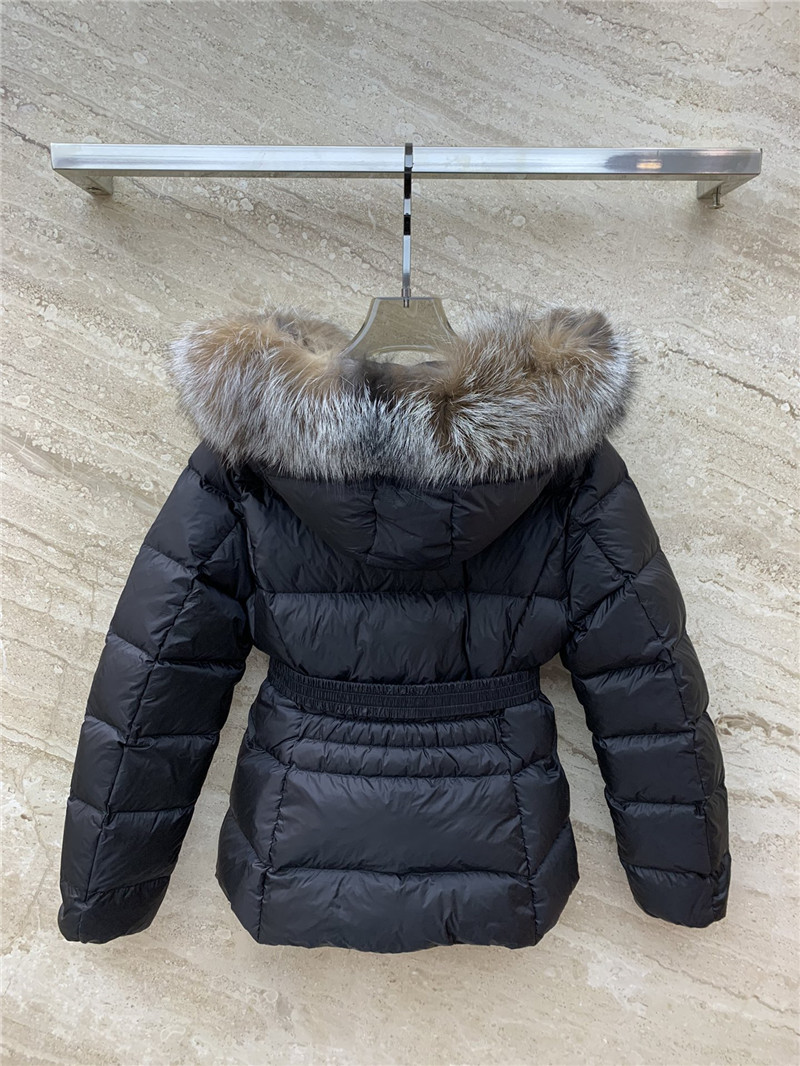 Moncler hooded belted fur collar waisted down jacket