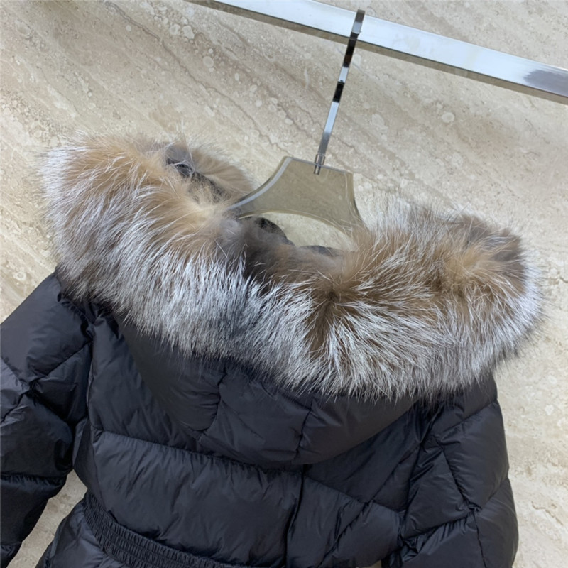 Moncler hooded belted fur collar waisted down jacket