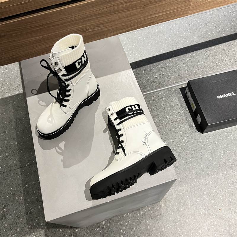 Ch**el white knit leather lace-up boots
