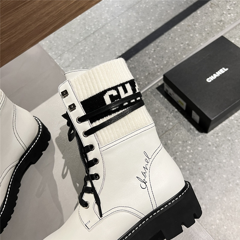 Ch**el white knit leather lace-up boots