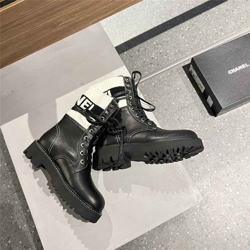 Ch**el white black knit leather lace-up boots