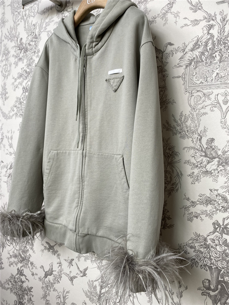 Pra*a feather cuffs zipper hooded sweatshirt grey
