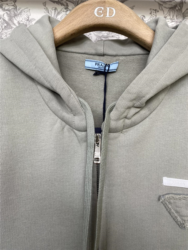 Pra*a feather cuffs zipper hooded sweatshirt grey