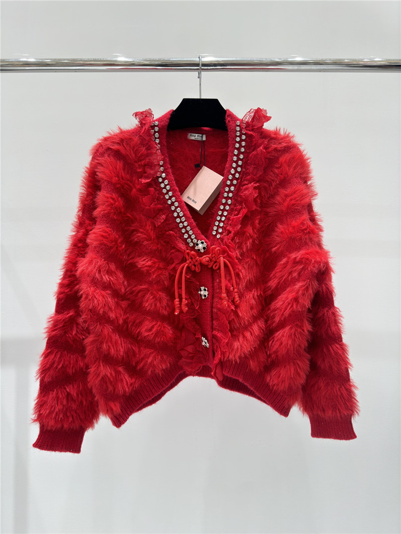 Miu Miu Rhinestone Wool Cardigan Red