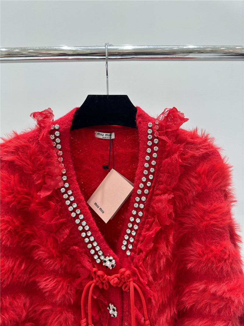 Miu Miu Rhinestone Wool Cardigan Red