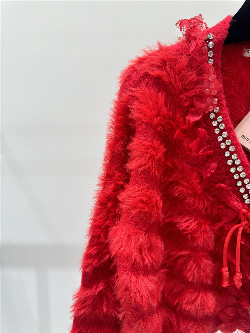 Miu Miu Rhinestone Wool Cardigan Red