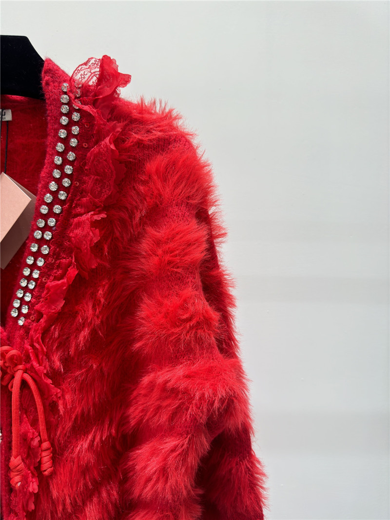 Miu Miu Rhinestone Wool Cardigan Red