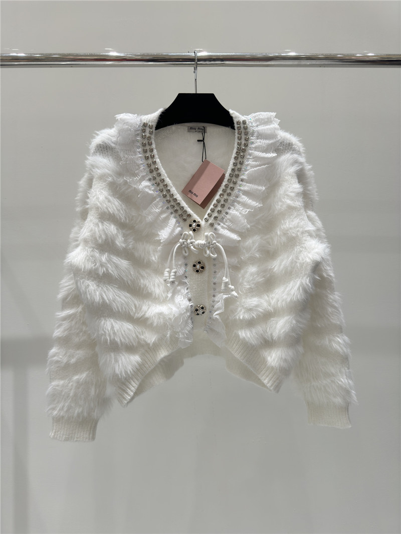 Miu Miu Rhinestone Wool Cardigan White