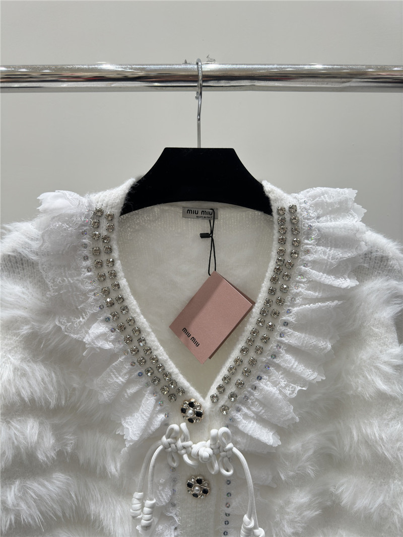 Miu Miu Rhinestone Wool Cardigan White