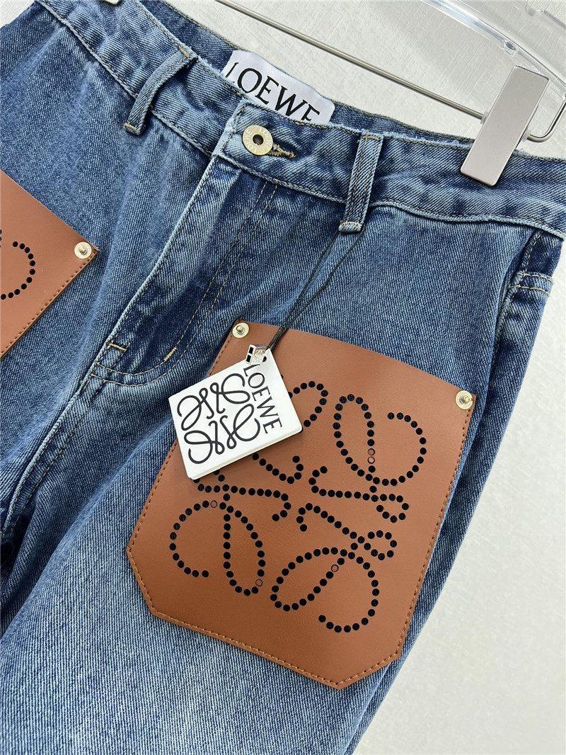 L0ew* new front pocket leather label hollow logo trousers