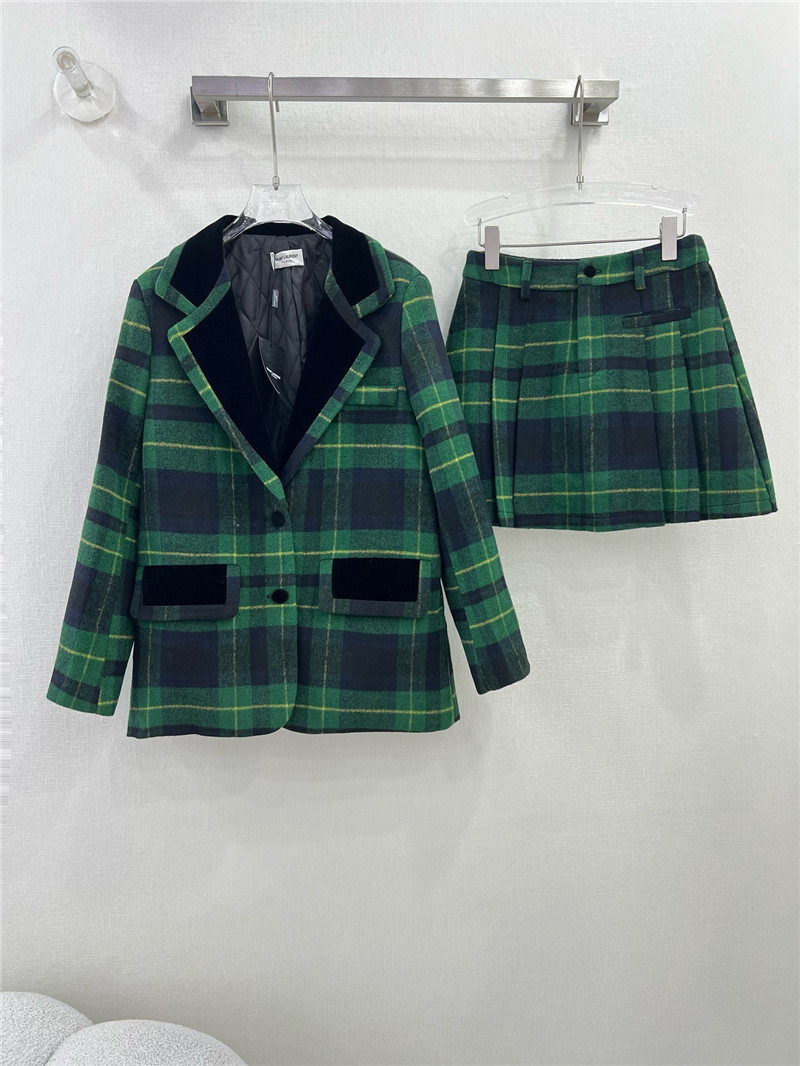 Y51 green plaid patchwork lapel suit + pleated skirt suit