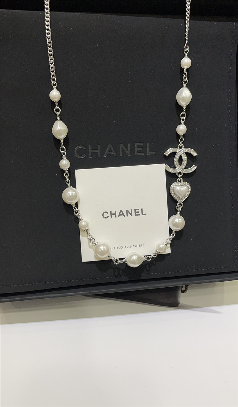 ch**el love D1am0nd double c pearl silver necklace