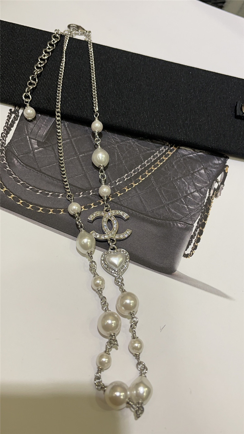 ch**el love D1am0nd double c pearl silver necklace