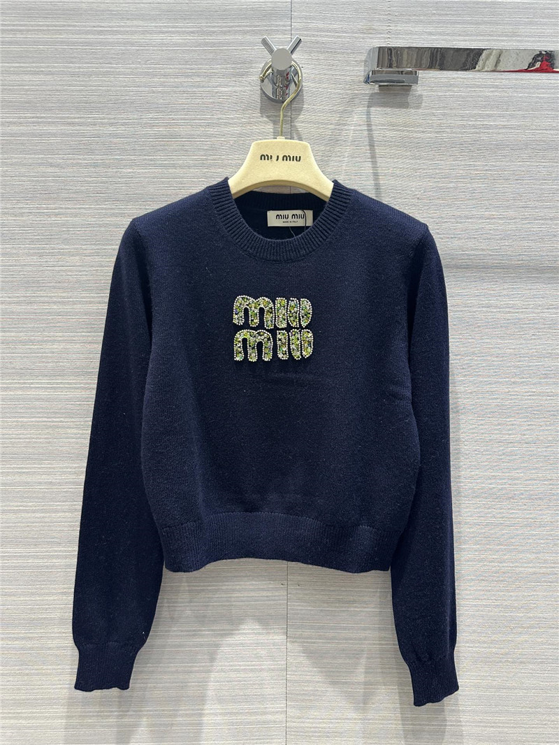 Miu Miu Logo Short Knitted Sweater Navy
