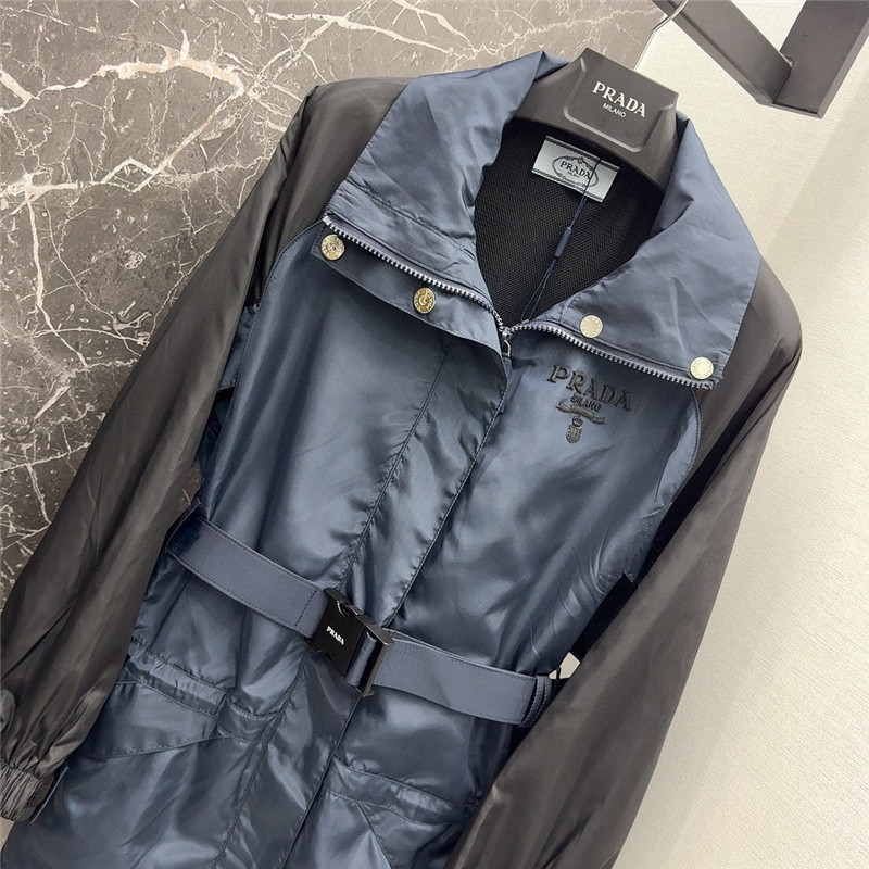 Pra*a functional buckle belt color block trench coat