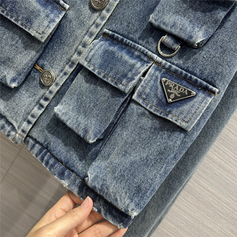 Pra*a work pocket enzyme washed nostalgic denim jacket