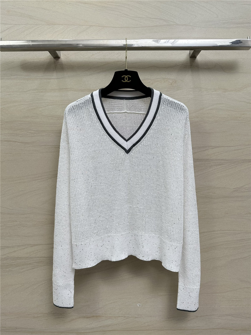 BC Sequin Linen V-neck Sweater White