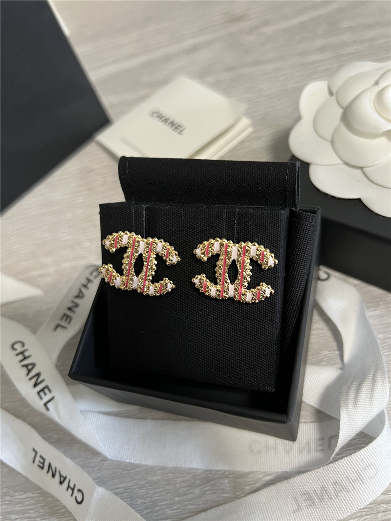 Ch**el vertical stripe enamel double c stud earrings
