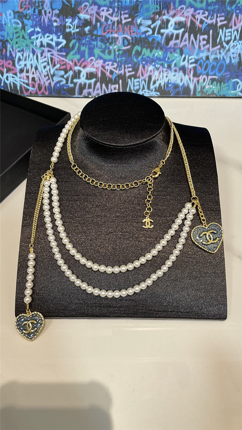 Ch**el imitation denim double c love pearl waist chain