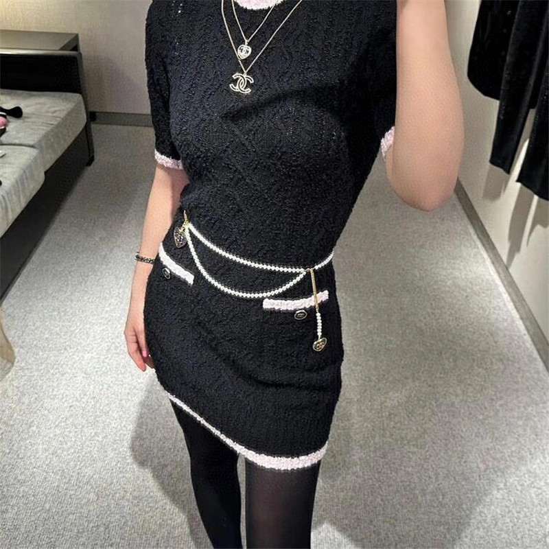Ch**el imitation denim double c love pearl waist chain