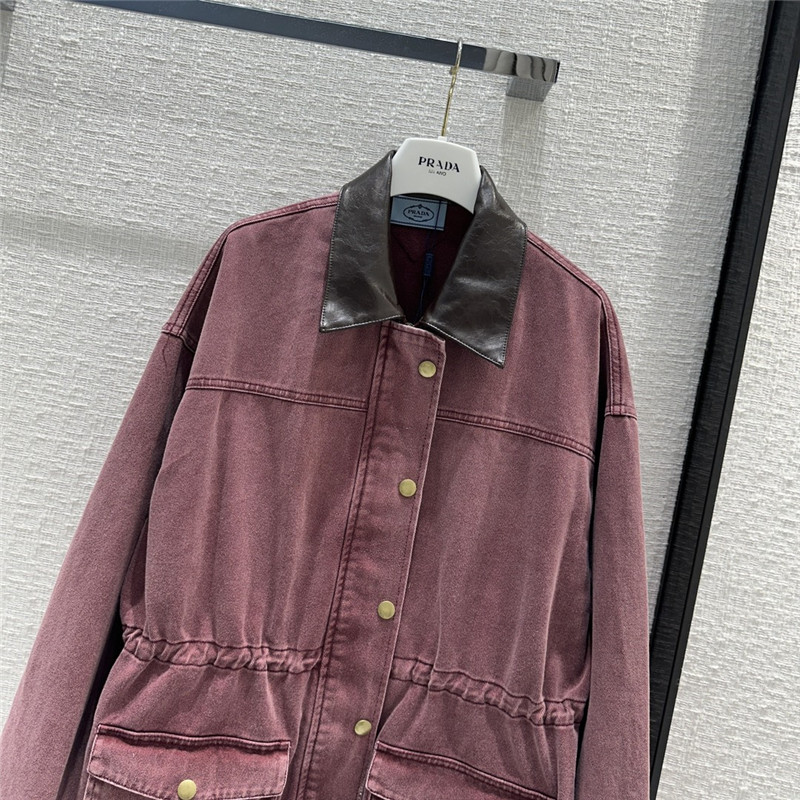 Pra*a unisex distressed leather collar denim jacket