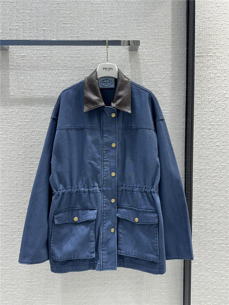 Pra*a unisex distressed leather collar denim jacket
