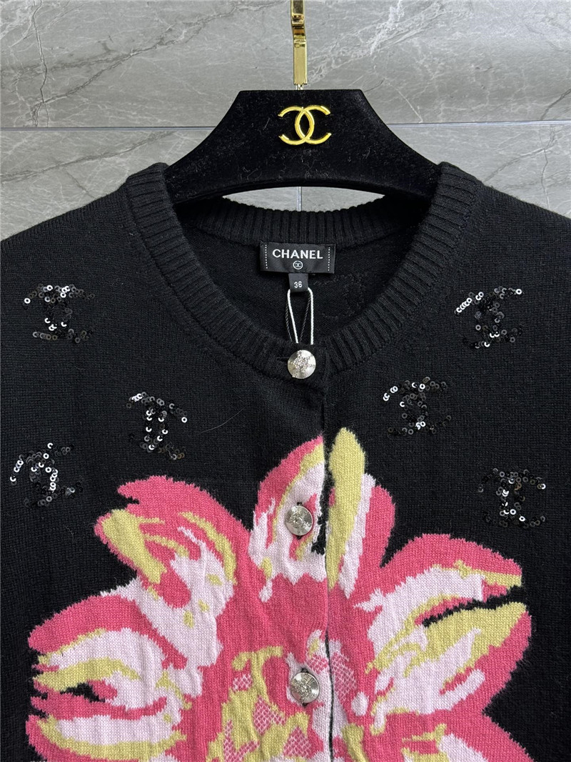 Ch**el logo floral sequins cardigan in black