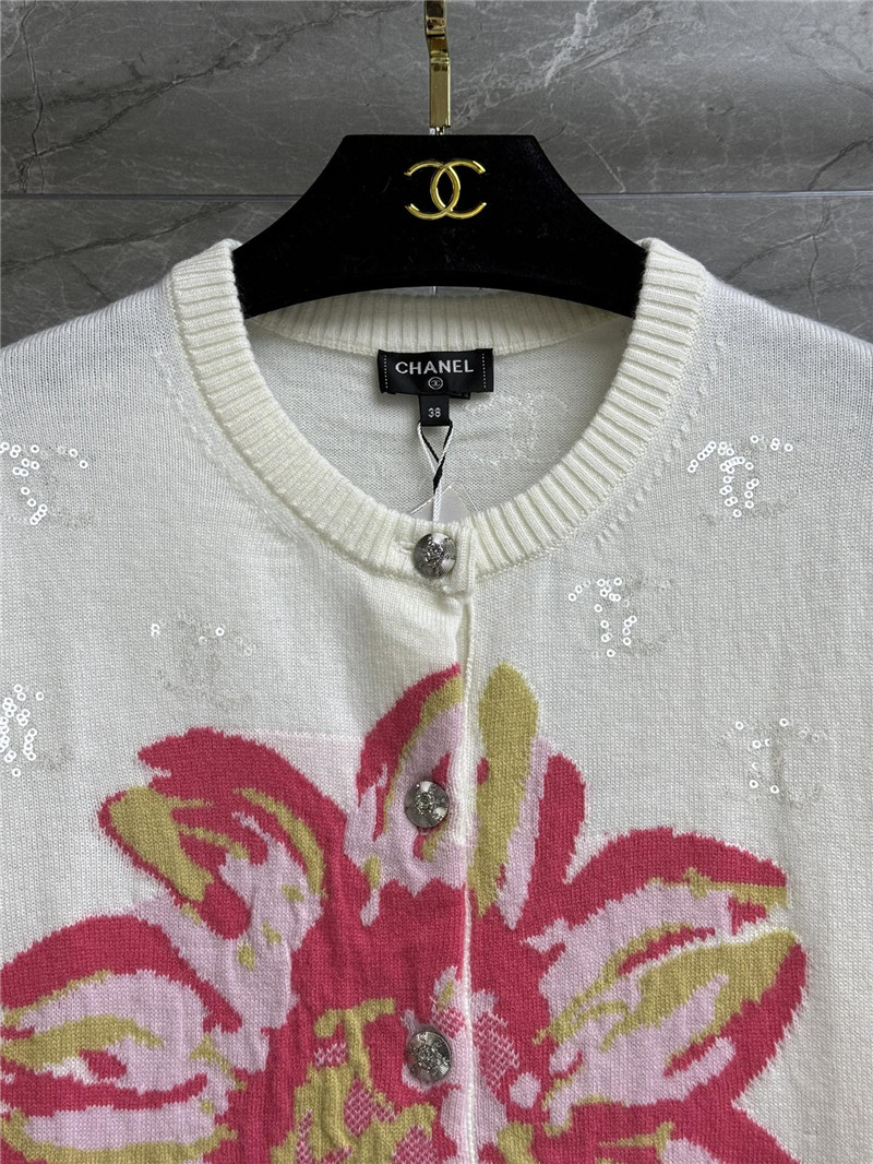 Ch**el logo floral sequins cardigan in white