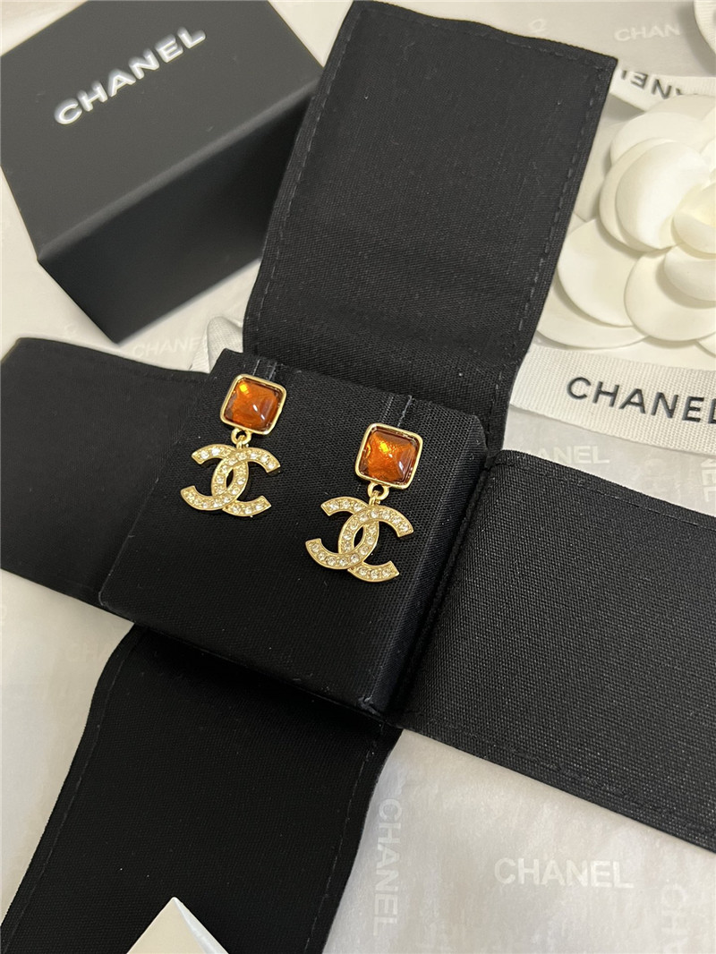 Ch**el orange gem rhinestone double c earrings