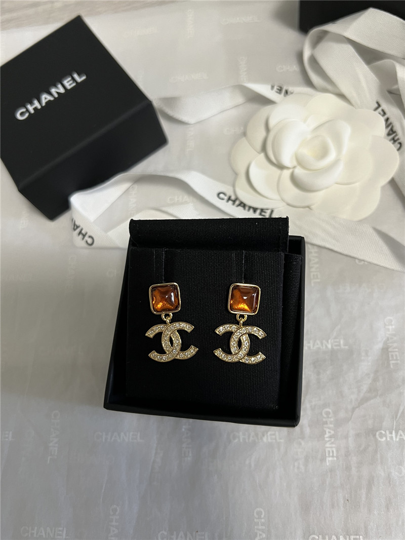 Ch**el orange gem rhinestone double c earrings