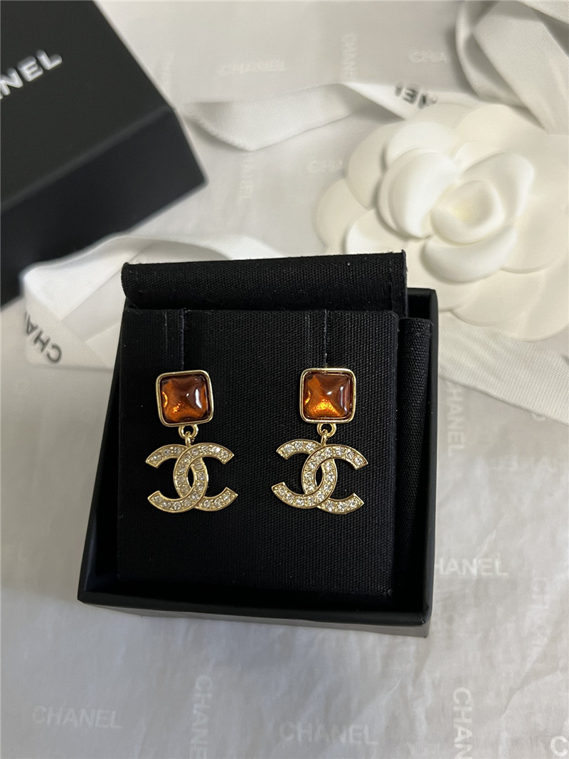 Ch**el orange gem rhinestone double c earrings