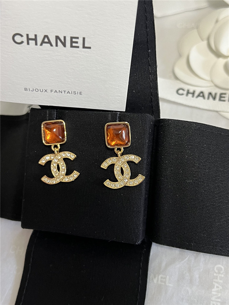 Ch**el orange gem rhinestone double c earrings